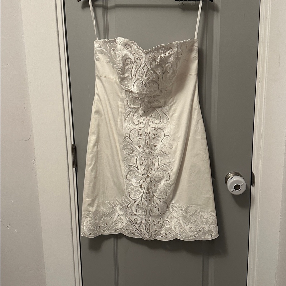 White house black market White Strapless Dress with Lace and beaded Detail